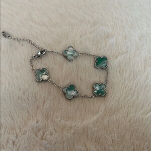 Faux Van Cleef Elegant Silver and Green Clover Bracelet